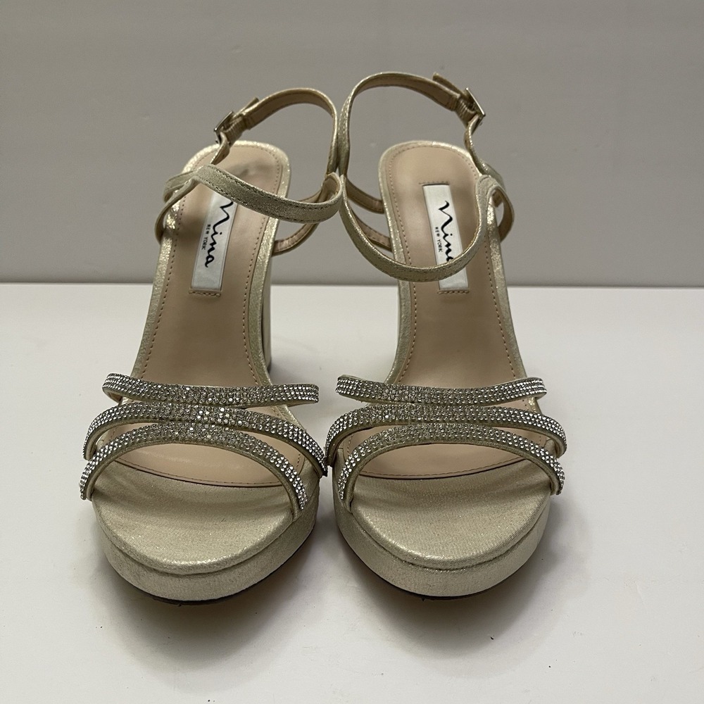 Nina Saralyn Platino Platfom Sandal Heel Size 8 Gold Rhinestone Wedding Holiday - Picture 3 of 10